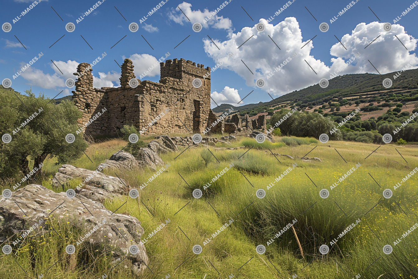 Ruins of a Stone Castle in Countryside,landscape, grass, stone, cloud, sky, plant community, plant, ruins, portugal, castle, field, nature, ruin, outdoor, tree, mountain, building