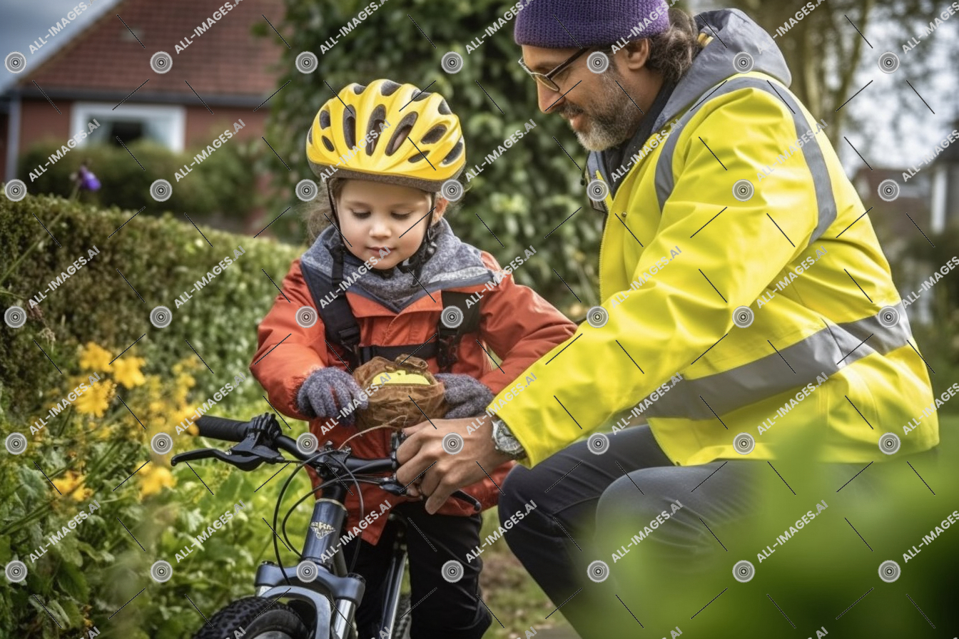 a man teaching a child to ride a bike,person, outdoor, clothing, helmet, bicycle helmet, bicycle wheel, plant, toddler, sports equipment, riding, vehicle, land vehicle, wheel, bicycles--equipment and supplies, human face, yellow, grass, cycling, boy, young, bicycle, child, parent, learning, bike