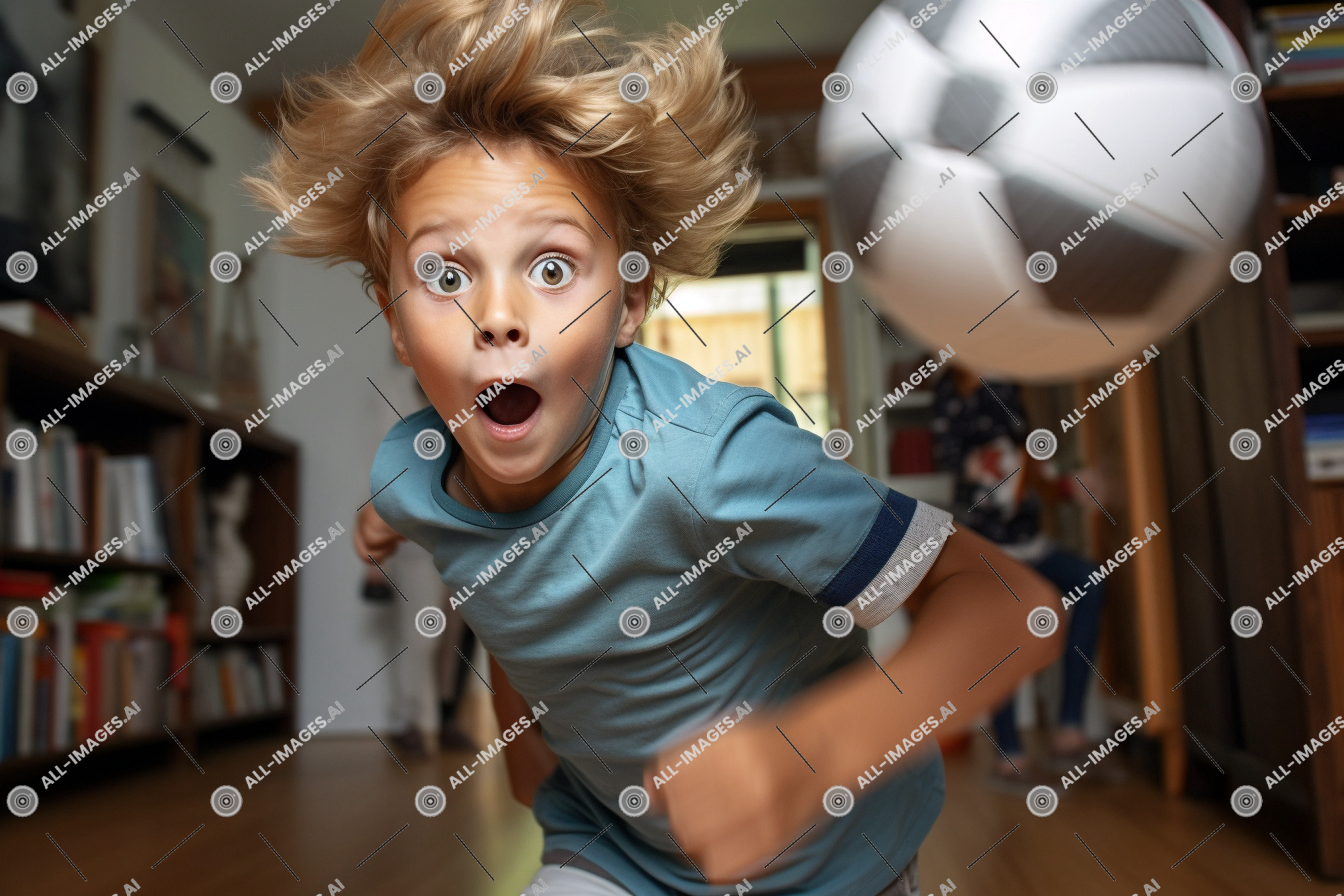 Un garçon coulant avec la bouche ouverte et une balle de football,livre, personne, jeune, visage humain, étagère, balle, intérieur, mur, bibliothèque, football, garçon, football