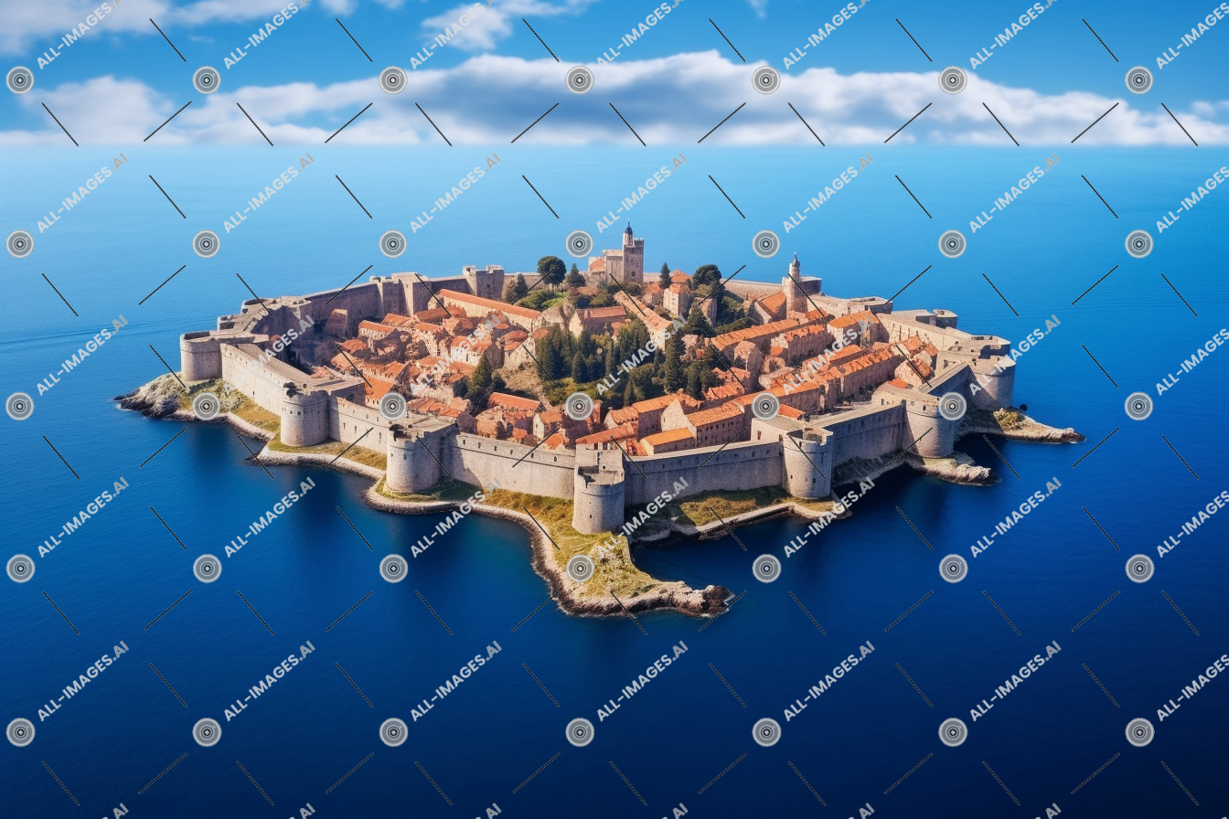 an island with a castle in the middle of the water,sky, water, outdoor, cloud, island, landscape, coastal and oceanic landforms, lake, nature, blue, stone, adriatic, dubrovnik, surrounded, sea, view, red, old, rooftops, waters, aerial, walls, ancient, turquoise, town
