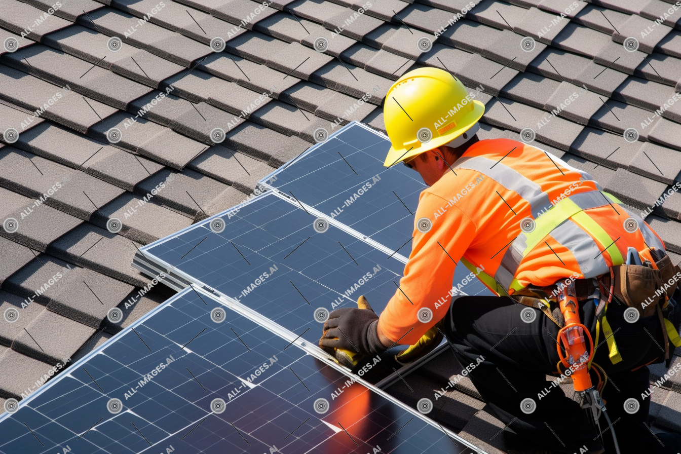 Worker Installing Solar Panels on Roof,solaire, œil, panneaux, des oiseaux, ouvriers, voir, vu, loger, installation, toit