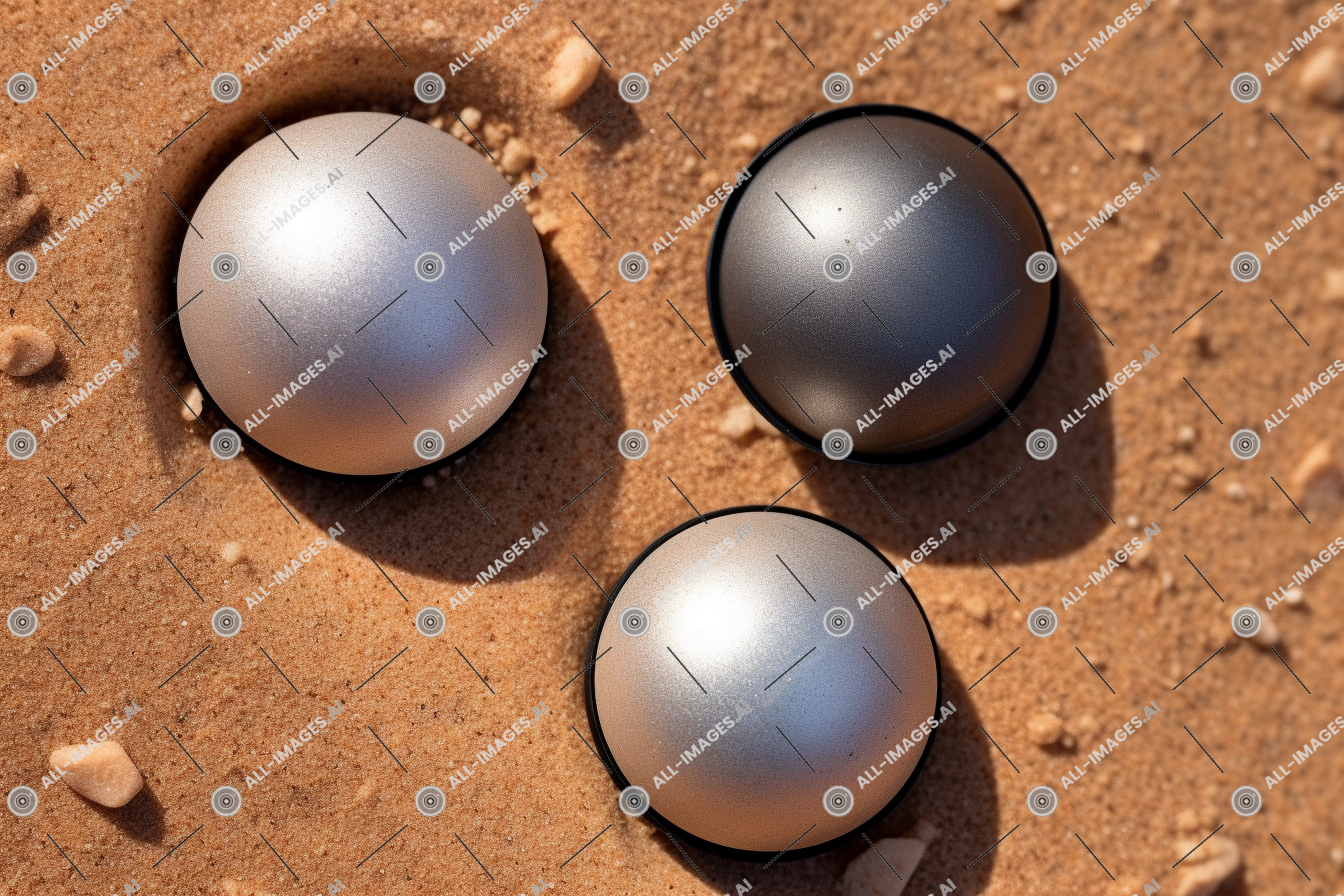 Un groupe de boules d'argent dans le sable,trois, fer, balle, de haut en bas, surface, sphère, angle, sol, des balles, déclinant, tir, sablonneux