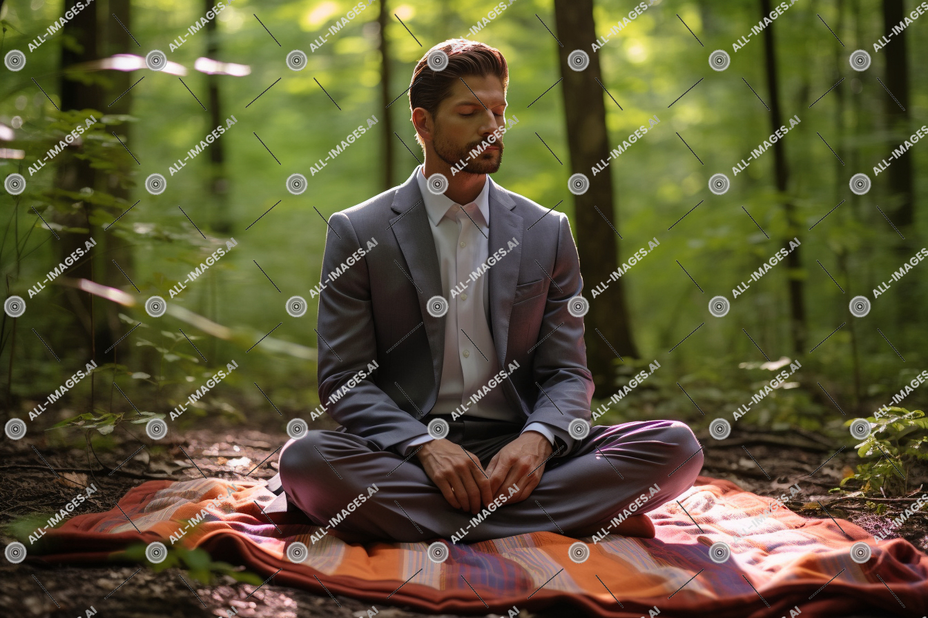 Un homme assis sur une couverture dans les bois,assise, herbe, personne, visage humain, costume, méditant, homme, résistant, bois, séance, vêtements, pacifiquement, sol, Extérieur, arbre, cravate, forêt, robe, couverture, vêtements