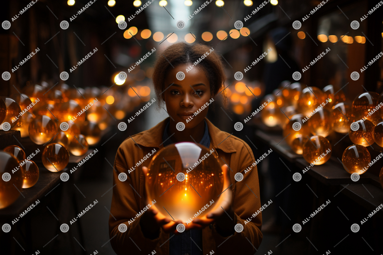 Une femme tenant une boule en verre,représentation, droit, personne, visage humain, miroir, bougie, intérieur, niveau des yeux, reflète, psychologie, angle, lumière, multitude, main, détenu, influence, social, féminin, yeux, individuel, humain, conceptuel