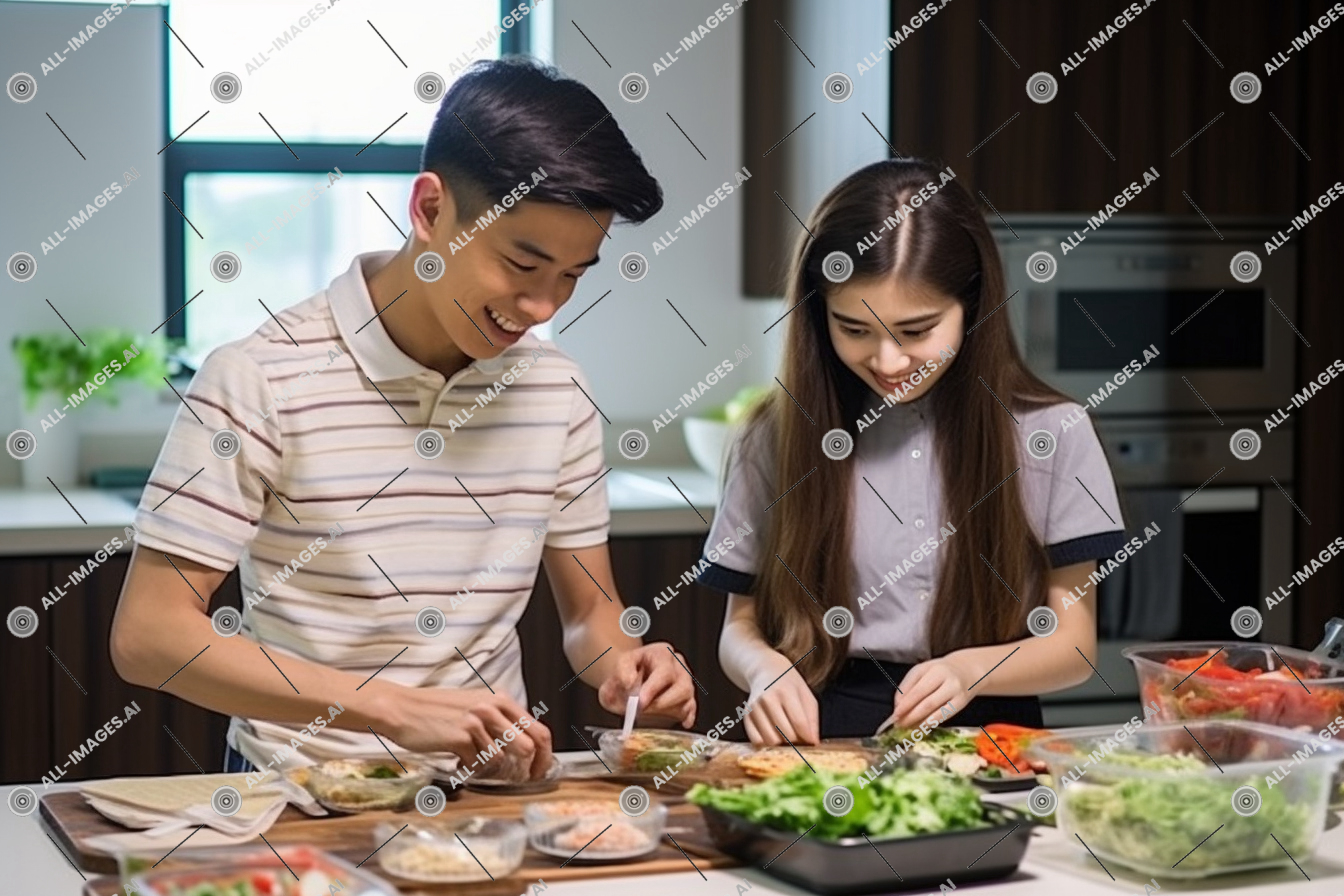 a man and woman preparing food,preparing, person, meal, table, indoor, wall, kitchen, culinary art, window, tableware, mixing bowl, food, woman, lunch, cooking, vegetable, salad, bowl, clothing
