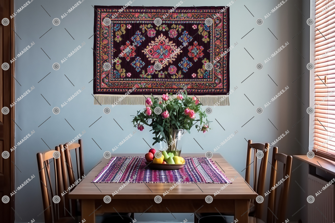 a table with a bowl of flowers and fruit on it,behind, kitchen table, kazak, table, furniture, indoor, dining, wall, mat, houseplant, tablecloth, georgian, window, hanging, chair, kitchen & dining room table, linens, dining table, dining room, flower, interior design, room, vase