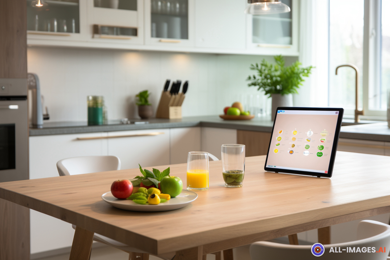 a laptop on a table with fruits and drinks on it,tablet, ready, nice, kitchen table, countertop, clear, table, furniture, indoor, empty, fruit, home, dining, cabinetry, wall, kitchen, houseplant, window, modern, wood, kitchen appliance, background, product, interior, kitchen & dining room table, assembly, banner, dining table, dining room, interior design, fuzzy, home appliance, room, clean, design, vase