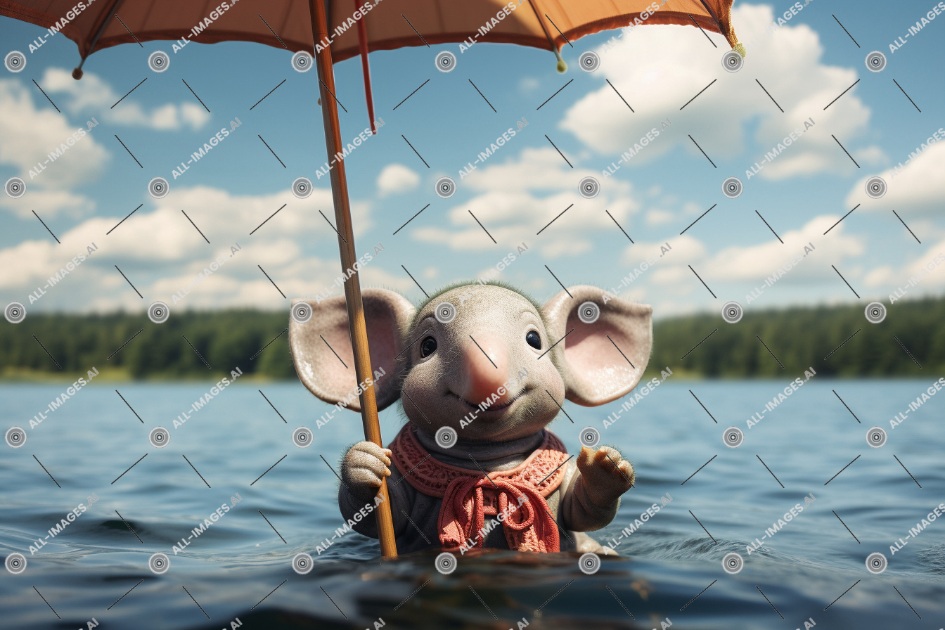 un éléphant jouet tenant un parapluie dans l'eau,minuscule, nuage, lac, ciel, éléphant, parapluie, angle, bateau, visualisé, inférieur, Extérieur, pacifique, visqueux, animal, eau, jouet, flottant