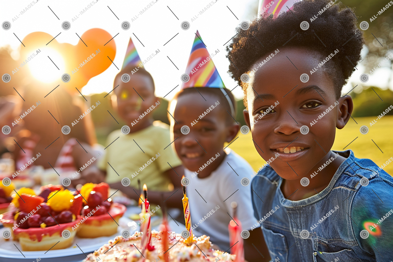 a group of kids at a birthday party,person, birthday cake, dessert, baked goods, human face, food, clothing, cake, sweetness, candle, cake decorating, smile, icing, outdoor, child, young, standing, party, boy, girl, boy's, birthday
