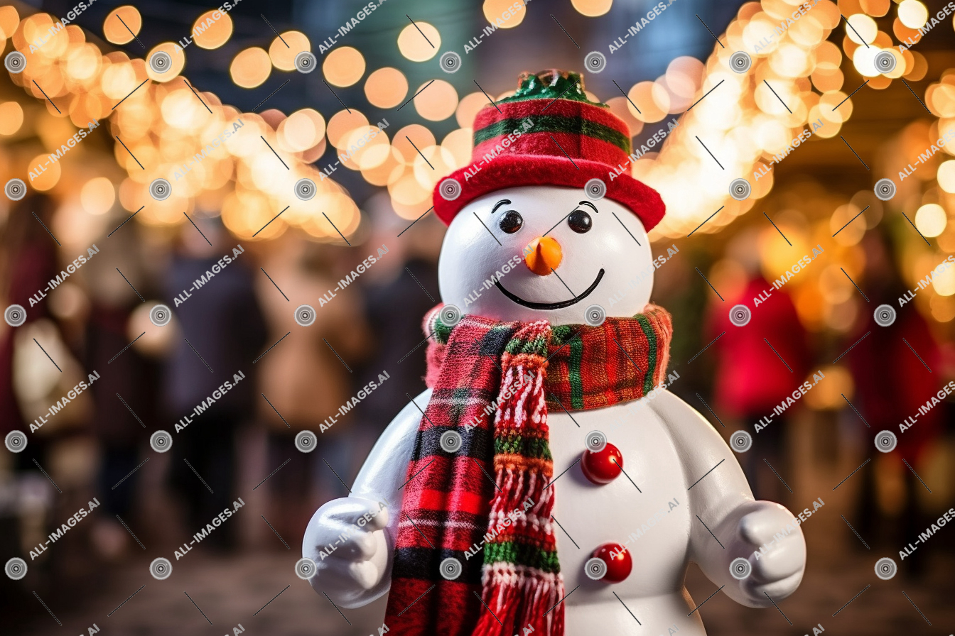 Festive Snowman with Warm Accessories,de fête, des stands, animé, fièrement, fée, bonhomme de neige, entouré, hiver, scintillement, personnes, marché, lumière, joyeux, lumières, Extérieur, aérien, événements, jouet, tir, inhabituel, Noël