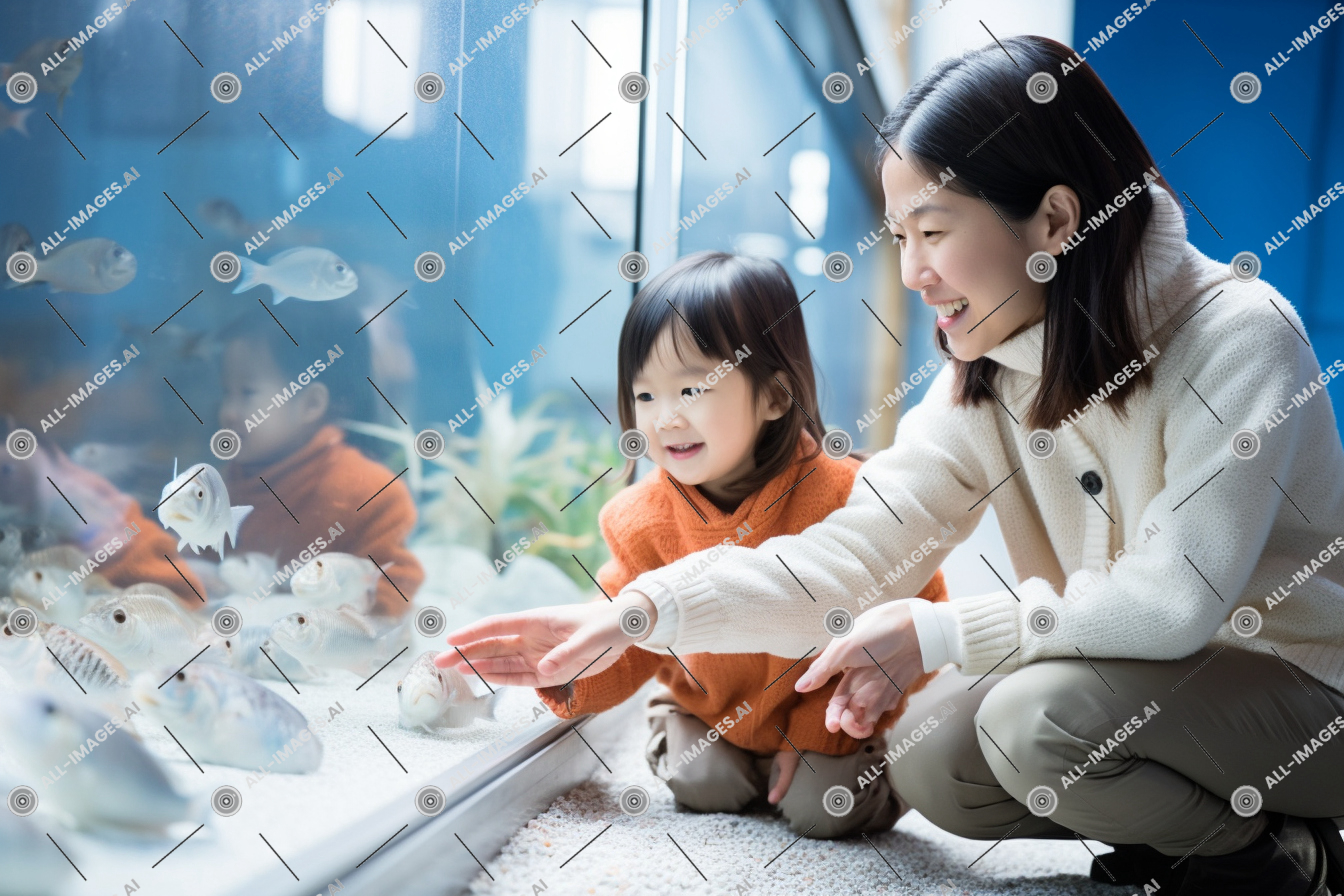 a woman and a child looking at fish in a tank,person, clothing, aquarium, girl, human face, toddler, baby, indoor, child