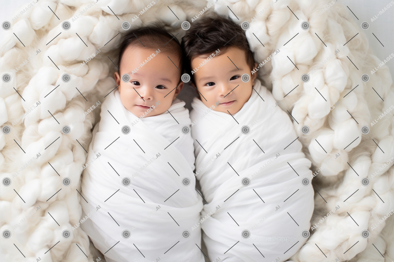two babies wrapped in blankets,human face, person, newborn, baby, toddler, clothing, child, boy, indoor