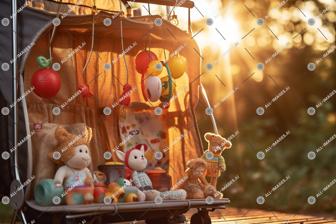 un groupe d'animaux en peluche et de jouets sur une table,ours en peluche, suspendu, jouets, Extérieur, poussettes, divertir, animal, jouet, bébé