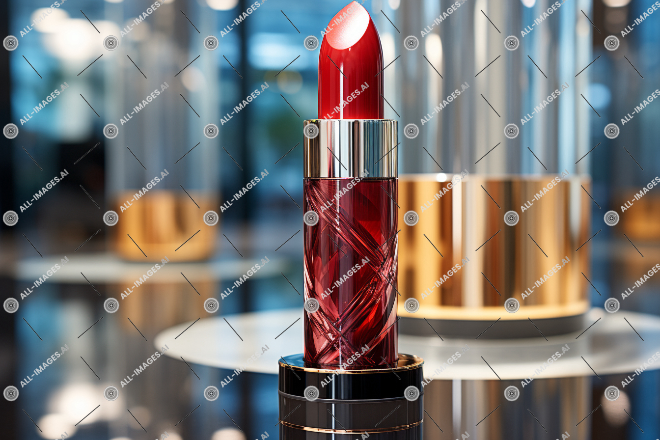 un rouge à lèvres rouge dans un récipient en or et en argent,chatoyant, debout, fleurir, intérieur, rouge à lèvres, droit, surface, rouge, cylindre, fermer, tir, non plafond
