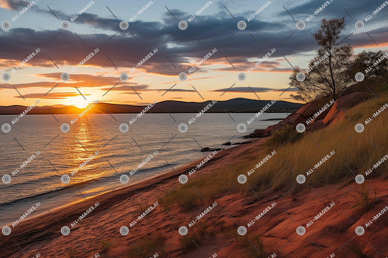 Sunset at Serene Lakeshore,soleil, son, crépuscule, paysage, nuage, coucher, lever du soleil, plage, rive, lac, horizon, ciel, calme, soleil, nature, sol, Extérieur, arbre, matin, montagne, rémanence, eau, de, ciel rouge le matin, soir, coucher de soleil