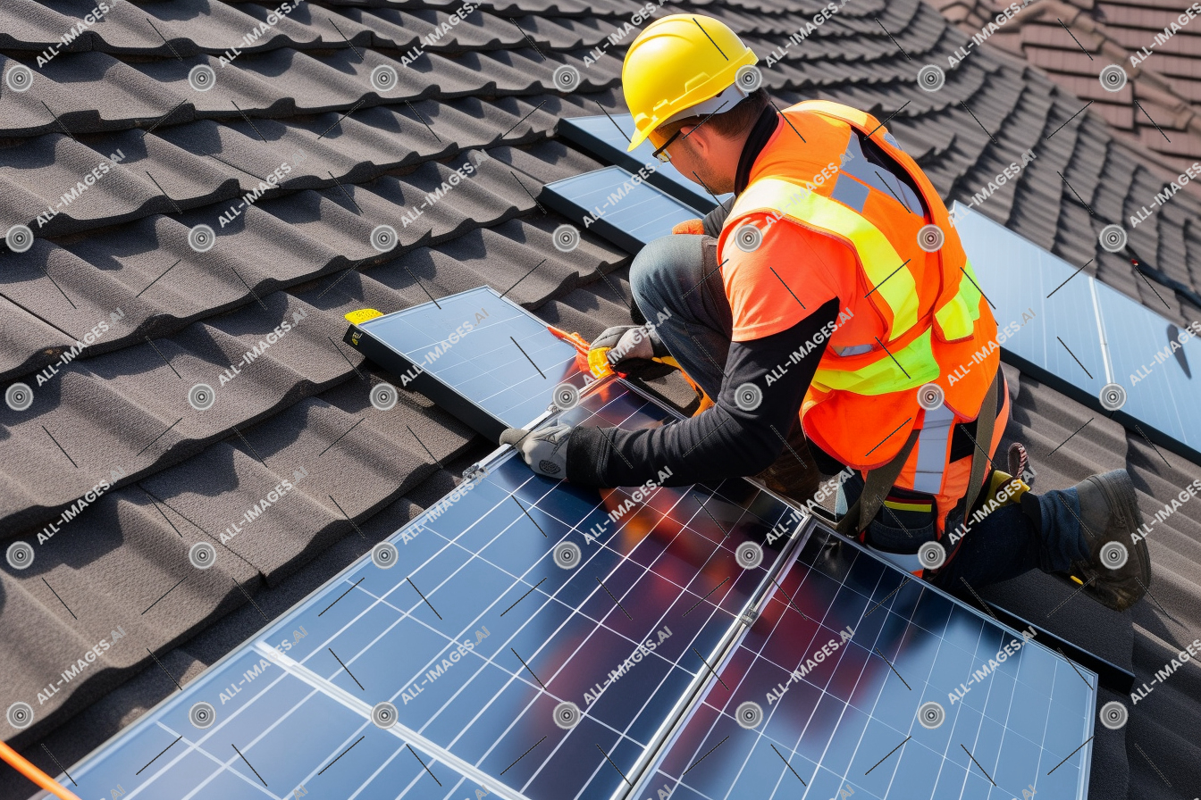 Worker Installing Solar Panel on Roof,solanum, huevo, panna, naranjas, abierto, auto, vista panorámica, software, configuración, techo