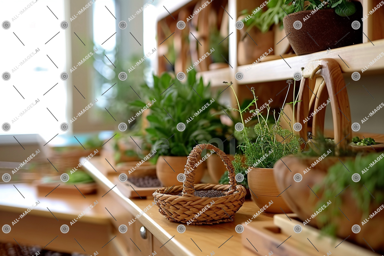 Indoor Herb Garden and Woven Basket,pot, table, indoor, plant, montessori, houseplant, garden, window, wood, herb, flowerpot, wooden, vase