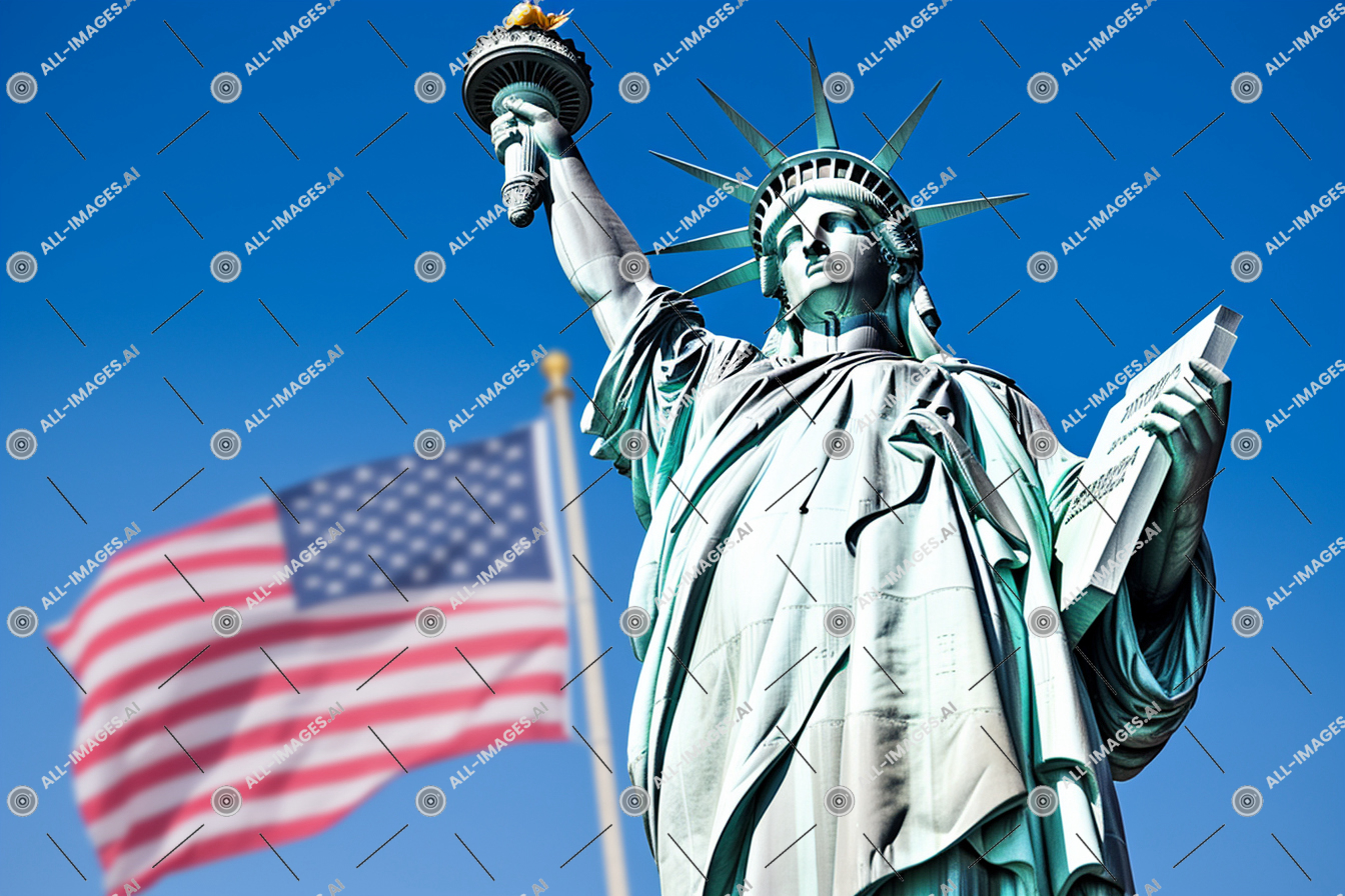 Une statue de la liberté avec un drapeau en arrière-plan avec la statue de la liberté en arrière-plan,drapeau, clair, ciel, statue, voir, aérien, liberté, arrière-plan, Extérieur, ville, aérien, horizon, nouveau, bleu, York, sculpture