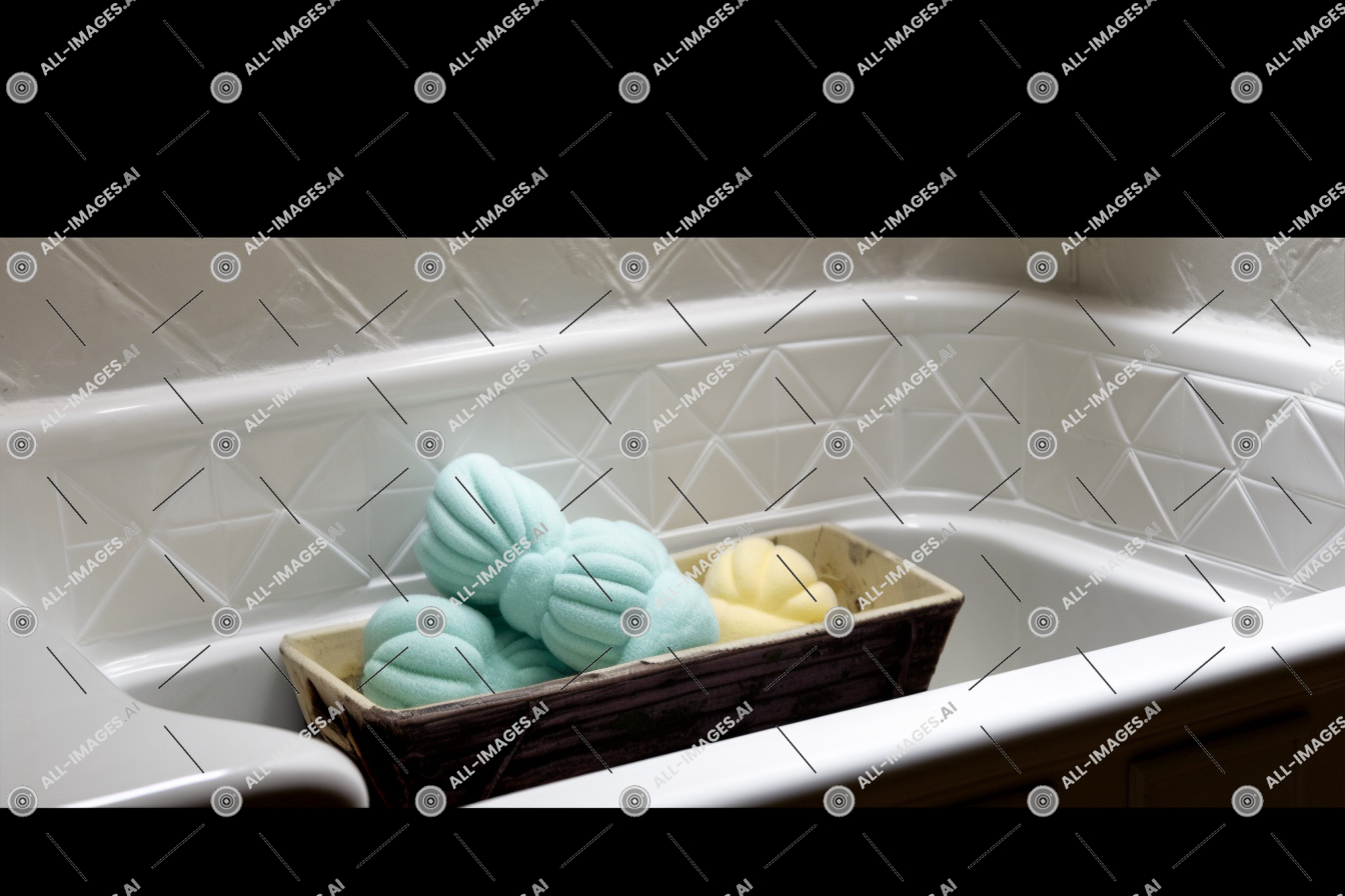 Un panier d'éponges de bain,rempli, caoutchouc, approvisionnement des ménages, clair, intérieur, élégant, aérien, baignoire, blanc, angle, salle de bains, vu, eau, canard, flottant