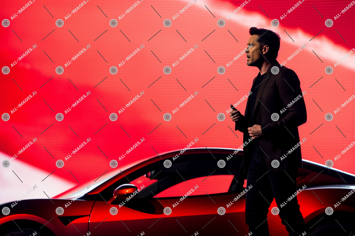 a man standing next to a red car,company, person, 2022, 2, automotive design, man, tesla, logo, presentation, red, business, october, background, outdoor, elon, vehicle, new, silhouette, usa, wheel, car, land vehicle, musk, york, clothing
