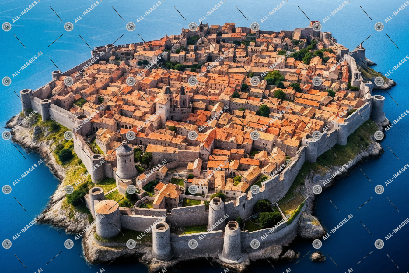 an island with a castle,water, outdoor, aerial photography, bird's-eye view, building, lake, house, landscape, island, stone, adriatic, dubrovnik, surrounded, sea, view, red, old, rooftops, waters, aerial, walls, ancient, turquoise, town