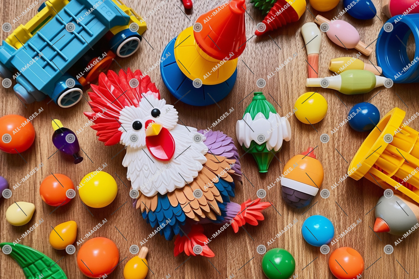 um grupo de brinquedos em uma mesa,ovo, colorida, laranjas, solo, interior, carro, jogador, iluminação do dia, vaso, jogador, Schnoodle, brinquedo do conjunto de construção, com destaque