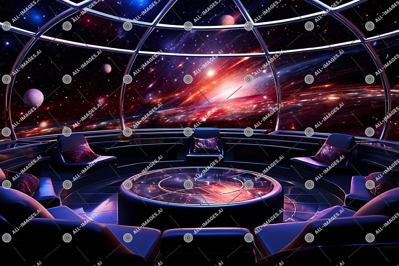 a room with a glass dome with a view of the planets and stars,side, indoor, angle, galaxy, viewed, arena, hologram, futuristic, vivid, large, room