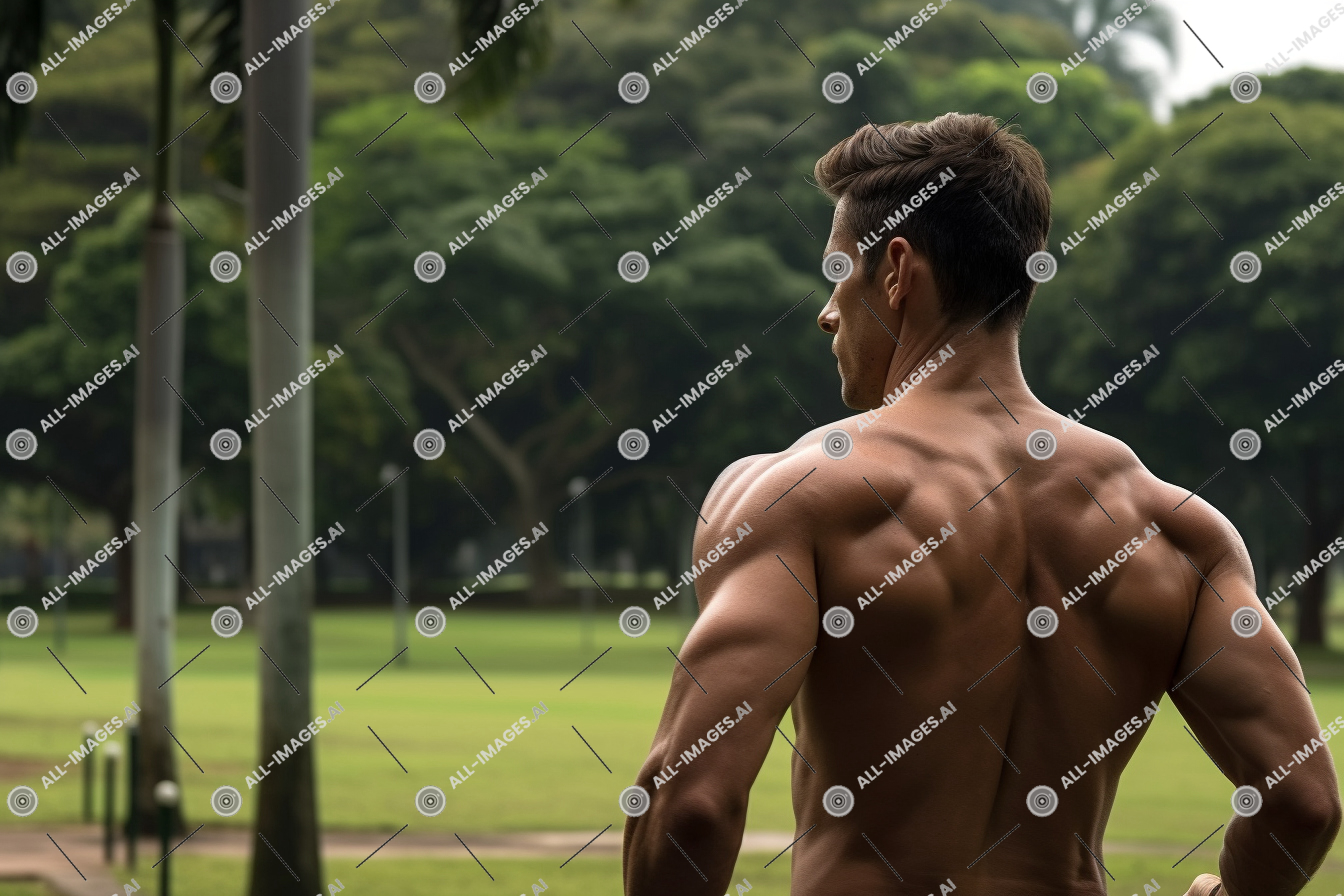 Back View of Muscular Man Outdoors,homme, herbe, personne, tronc, homme, homme, muscl, bodybuilder, muscle, Extérieur, arbre, poitrine, barichasted, torse nu, la musculation