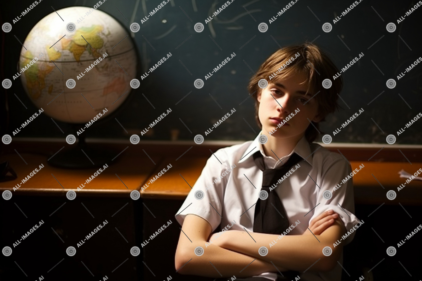 a boy in a white shirt and tie,person, human face, bored, teenager, ball, indoor, disinterest, blackboard, wall, woman, classroom, day, clothing