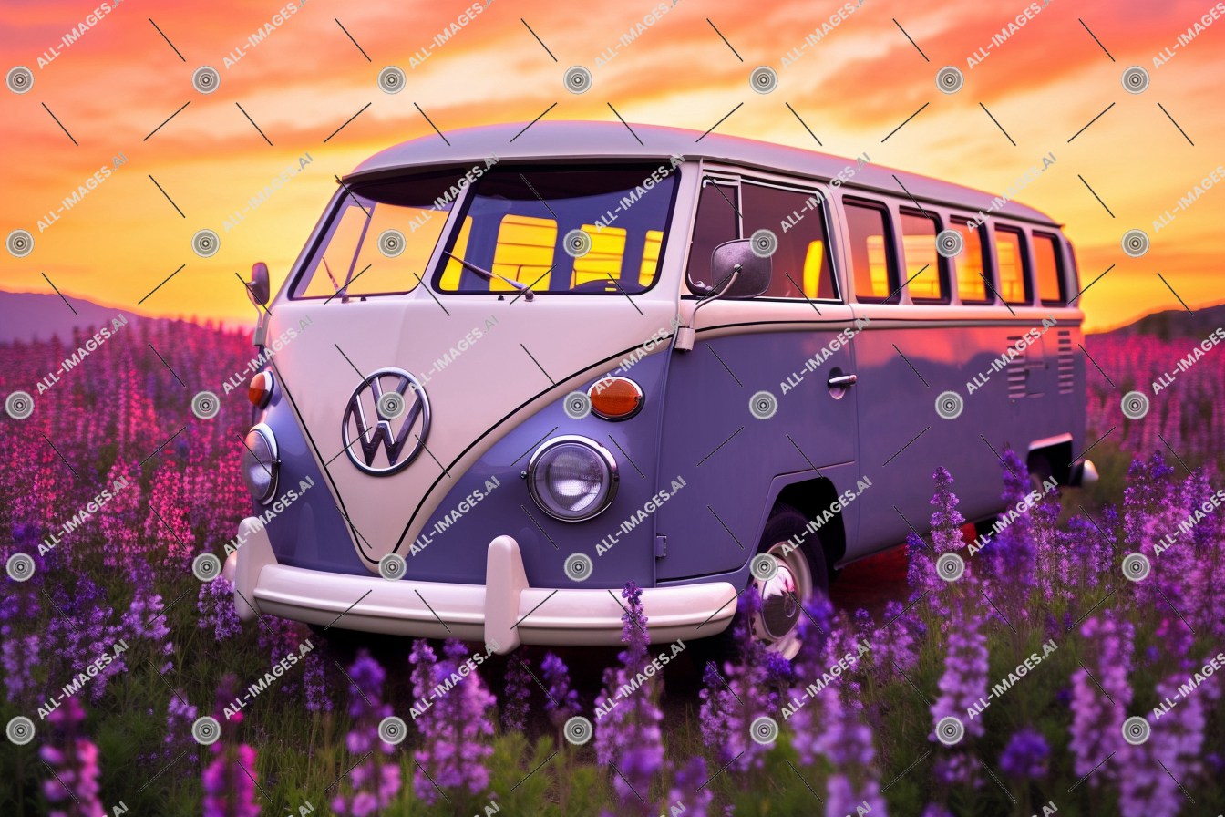 Vintage VW Bus at Sunset in Lavender Field,herbe, enfreindre, en stationnement, usine, violet, plombiers, bus, van, printemps, ramification, champ, campeur, lavande, tape à l'oeil, Extérieur, transport, véhicule, roue, véhicule terrestre, fleur