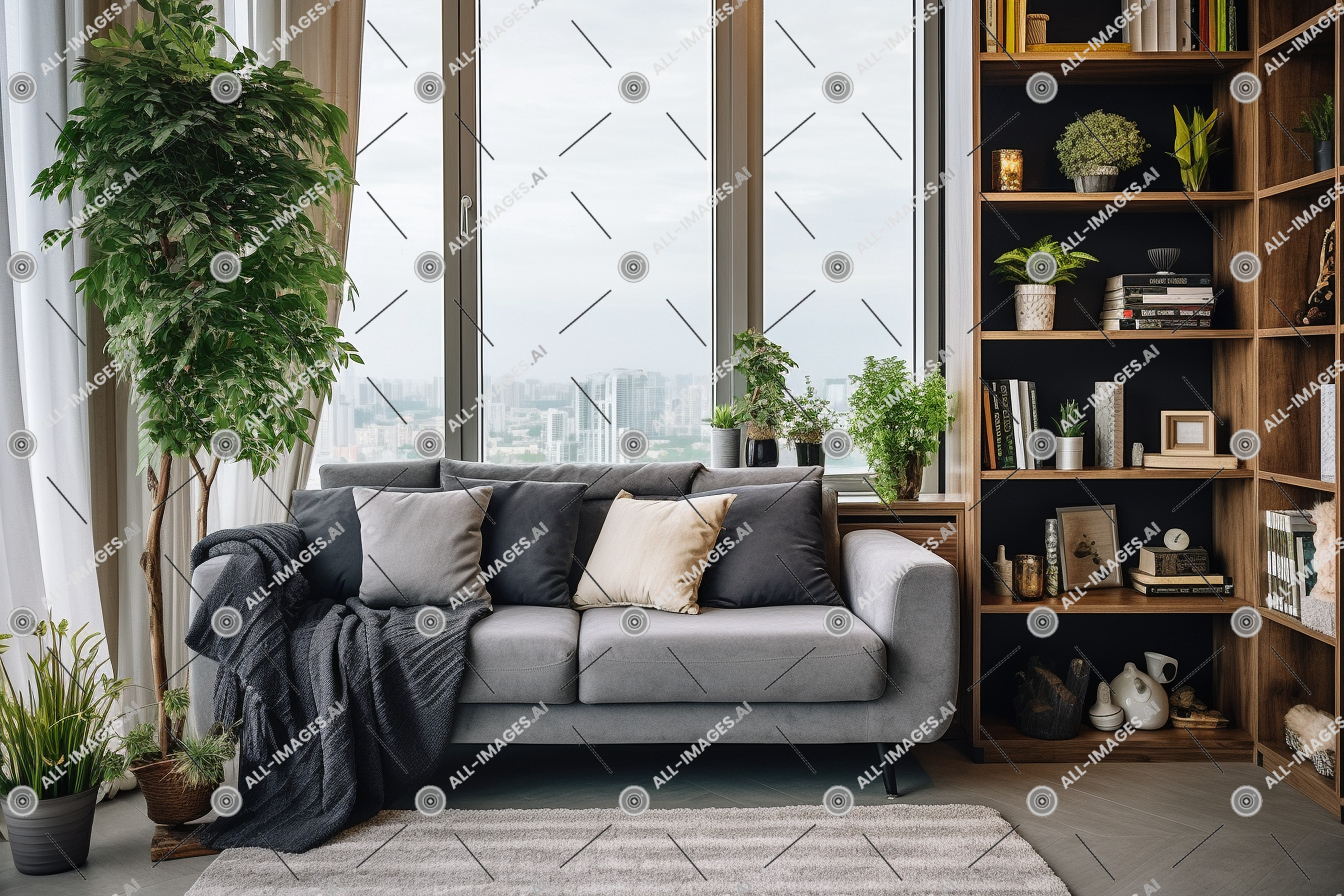 Modern Cozy Living Room Interior,den, living room, shelving, couch, studio couch, shelf, furniture, floor, indoor, salon, plant, armrest, club chair, wall, houseplant, window, bookcase, outdoor, loveseat, flowerpot, pillow, interior design, coffee table, sofa bed, room, vase