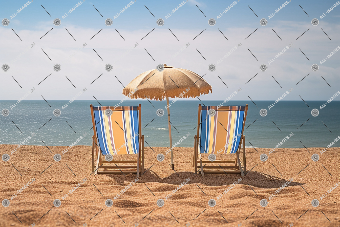 Beach Chairs and Umbrella Overlooking Sea,paysage, nuage, plage, sable, ciel, mer, meubles, océan, parapluie, séance, chaise, sol, Extérieur, été, eau, sablonneux