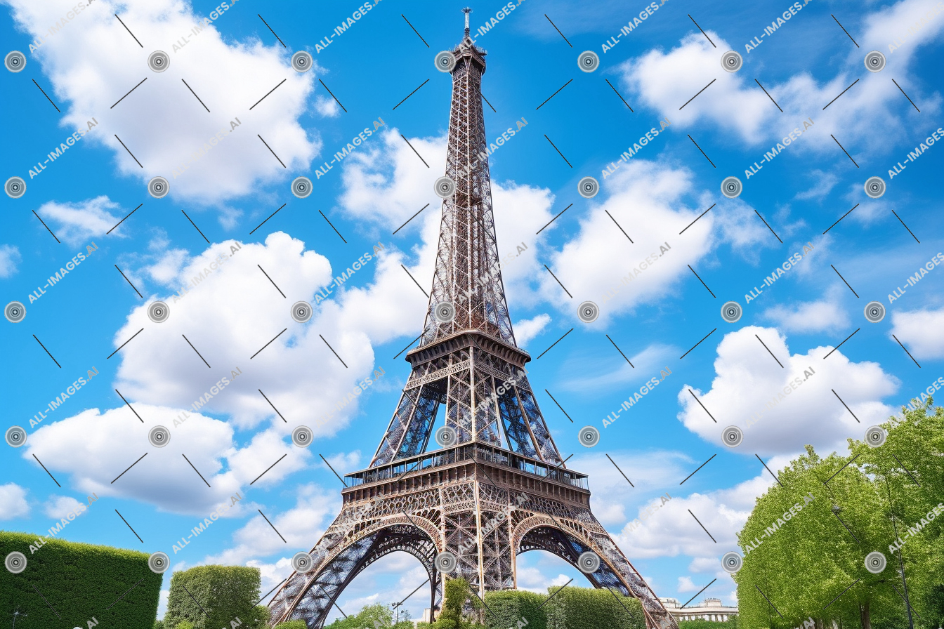 Eiffel Tower Against a Blue Sky,herbe, nuage, ciel, entouré, usine, voir, blanc, angle, faible, Extérieur, duveteux, jour, arbre, monument, bâtiment, eiffel, repère, bleu, la tour, des nuages