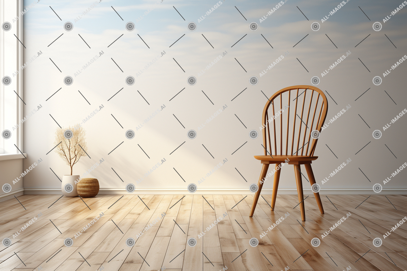 Minimalist Interior with Wooden Chair,ciel, meubles, sol, centré, intérieur, revêtement de sol stratifié, minimaliste, mur, niveau des yeux, perspective, blanc, visualisé, chaise, sol, sol, parquet, chambre, en bois