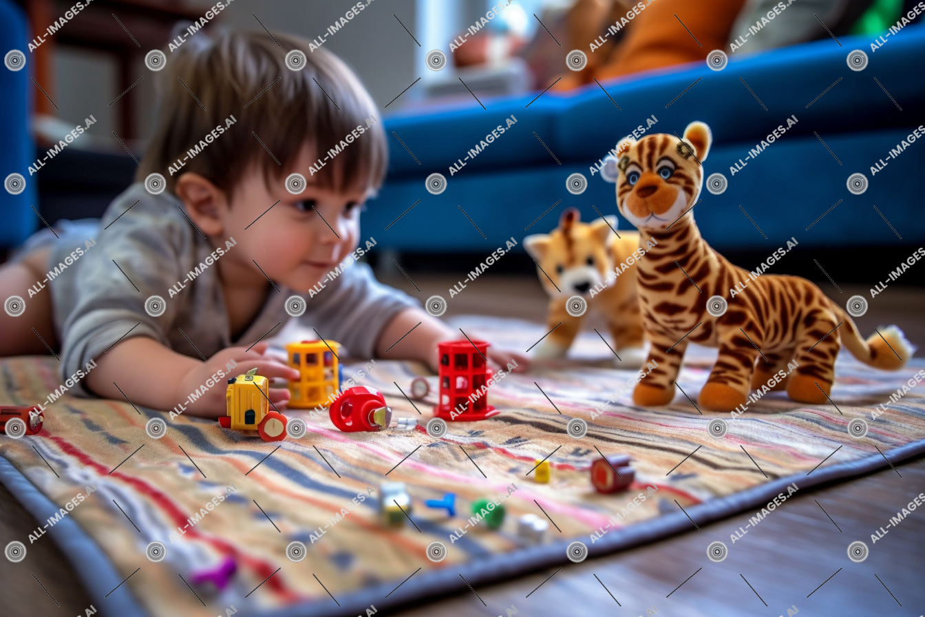 Un enfant jouant avec des jouets,enfant, personne, jeune, visage humain, mammifère, tableau, intérieur, tapis, jeu, jouets, séance, jouets pour bébé, animal, jouet, tout-petit, garçon, jouer, bébé, vêtements