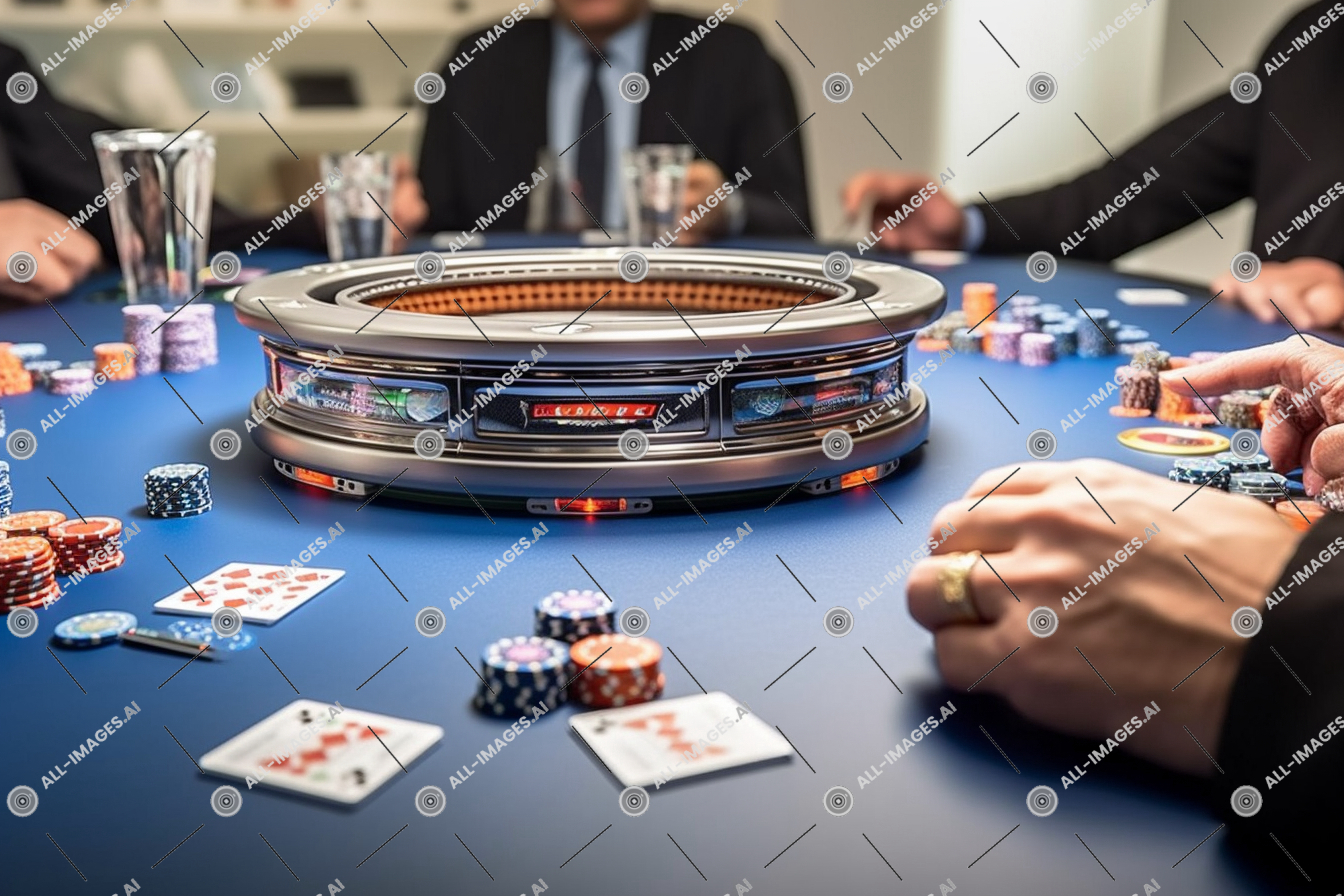 une table ronde avec des puces de poker et des cartes dessus,personne, tournoi, poker, tableau, intérieur, personnes, joueurs, concentré, maison de jeux de hasard, chambre, casino, vêtements