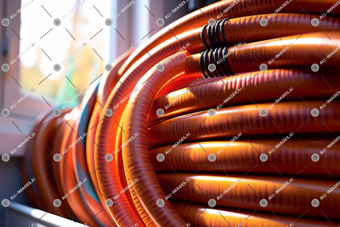 Gros plan d'un rouleau de tuyaux d'orange,isolé, connecteur, chauffage, énergie, intérieur, câble, tuyau, tuyauterie, mieux, empiler, efficacité