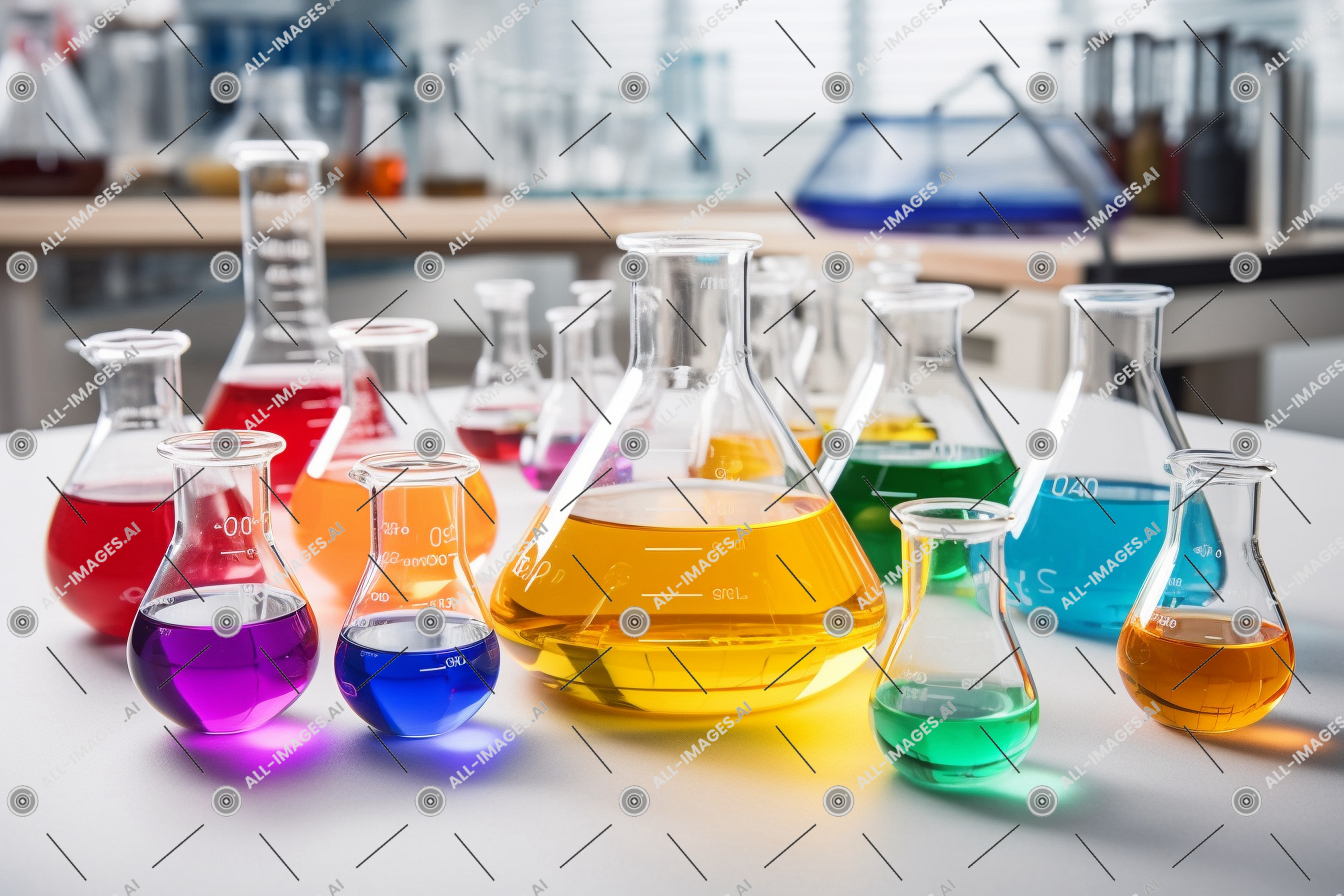 Colorful Laboratory Glassware,filled, solution, colorful, table, lab, indoor, liquids, beaker, laboratory equipment, view, above, tableware, glass, beakers, cup, transparent material, chemistry, jar, clean