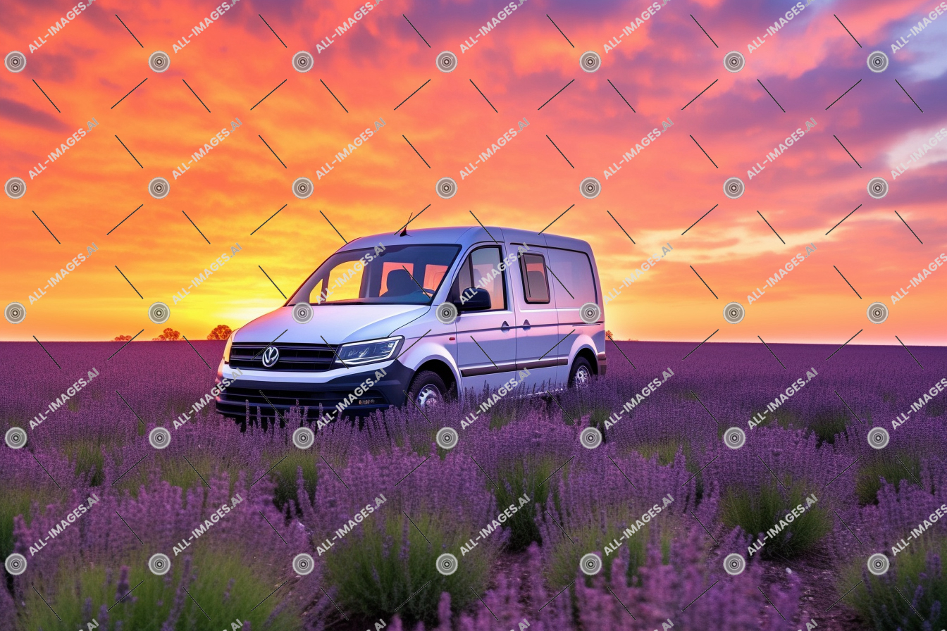 Van in Lavender Field at Sunset,paysage, herbe, nuage, lever du soleil, ciel, enfreindre, en stationnement, usine, violet, plombiers, van, printemps, ramification, champ, lavande, Extérieur, transport, véhicule, roue, voiture, véhicule terrestre, fleur, coucher de soleil