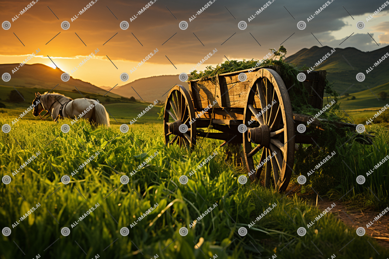 Rustic Sunset with Horse and Cart,landscape, grass, cloud, bright, bales, sunrise, vintage, sky, wagon, valley, plant, view, fodder, field, angle, meadow, nature, grassland, old, low, outdoor, agriculture, summer, green, charming, rural area, pasture, mountain, wheel, farm, hay, sunset, cart