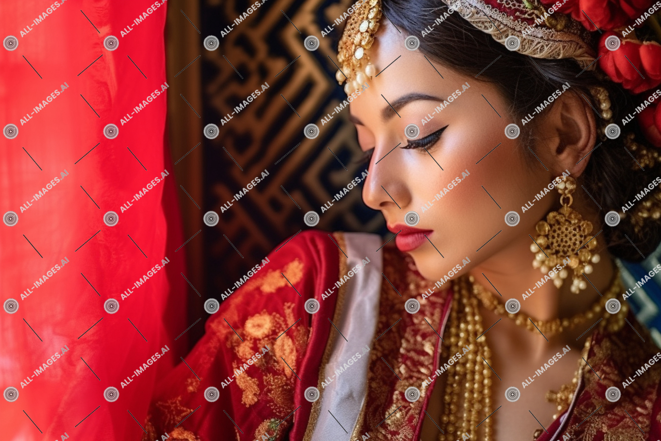 Une femme portant une robe rouge et des bijoux,personne, marié, personne, visage humain, glamour, accessoire de mode, se maquiller, bijoux, intérieur, mariée, embellissement, résistant, relooking, tradition, mariage, rouge, cérémonie, dame, casque, femme, sari, vêtements