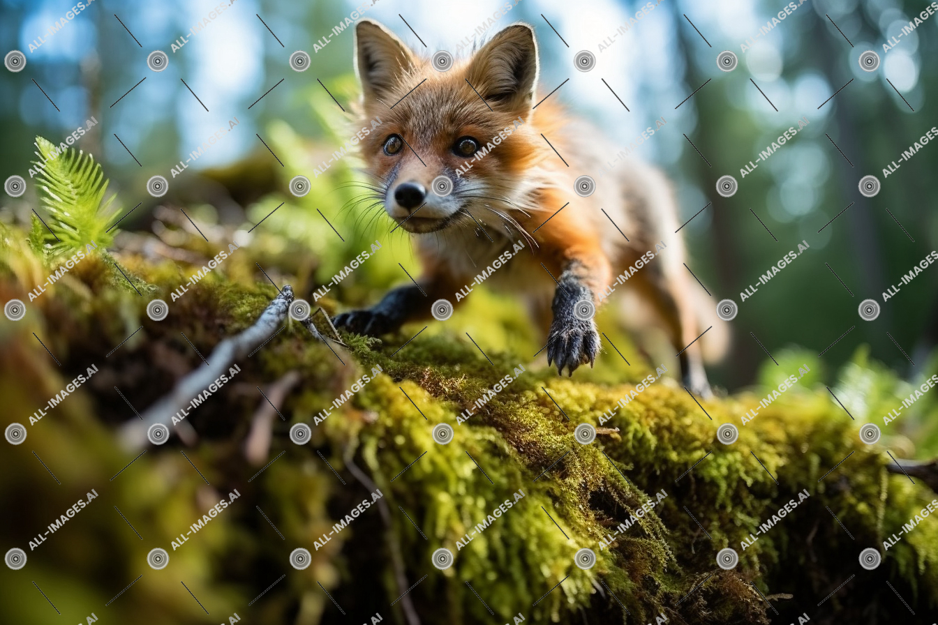 Alert Fox on Mossy Log,midleap, side, grass, mammal, kit fox, red fox, dhole, fallen, view, wildlife, poised, red, wood, swift fox, outdoor, dense, log, forest, animal, fox