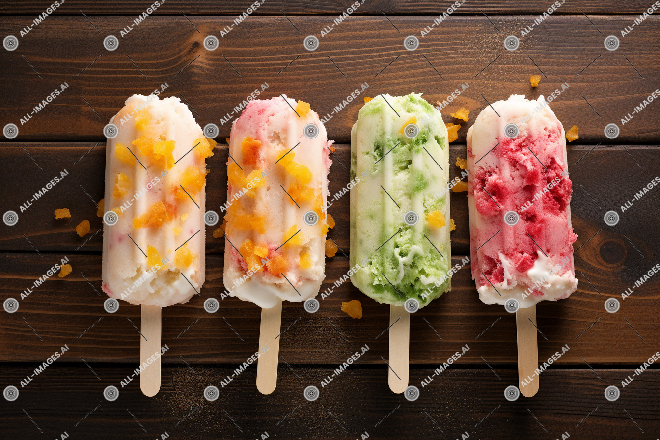 un groupe de sucettes glacées sur une surface en bois,articles, tableau, sol, intérieur, dessert, Fast food, bois, nourriture, en bois