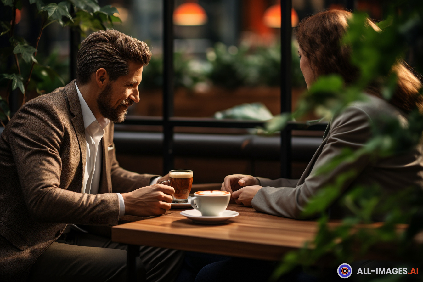 Two People Having Coffee at a Cafe,coffee cup, person, human face, table, furniture, indoor, man, coffee, gpt, window, sitting, outdoor, conversation, coffee table, concept, clothing