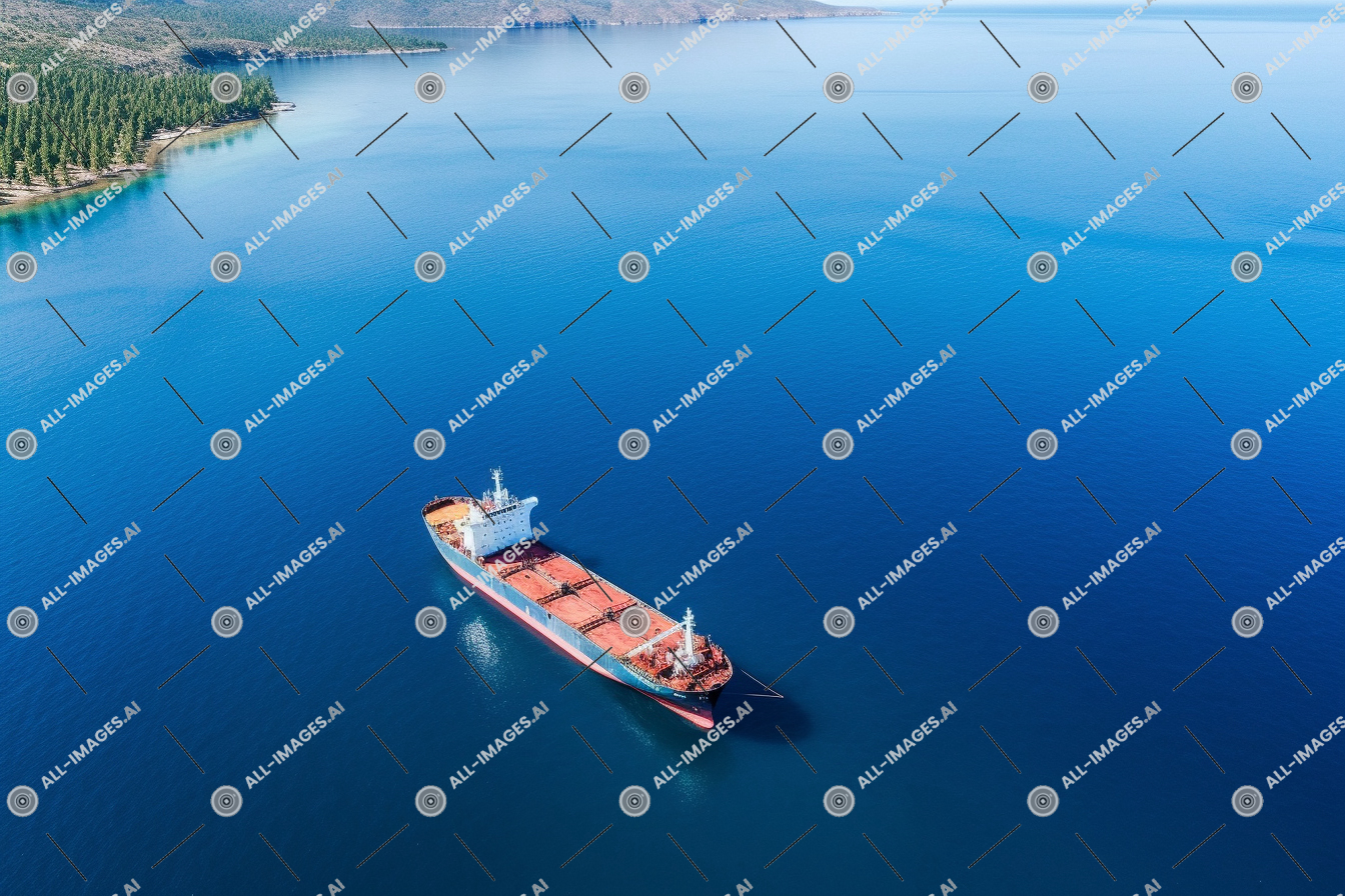 a large ship in the water,watercraft, transport, water, outdoor, lake, vehicle, boat, body of water, water resources, waterway, landscape, island, travel, calm, sea, showing, view, ocean, above, vast, ship, anchored, blue, large