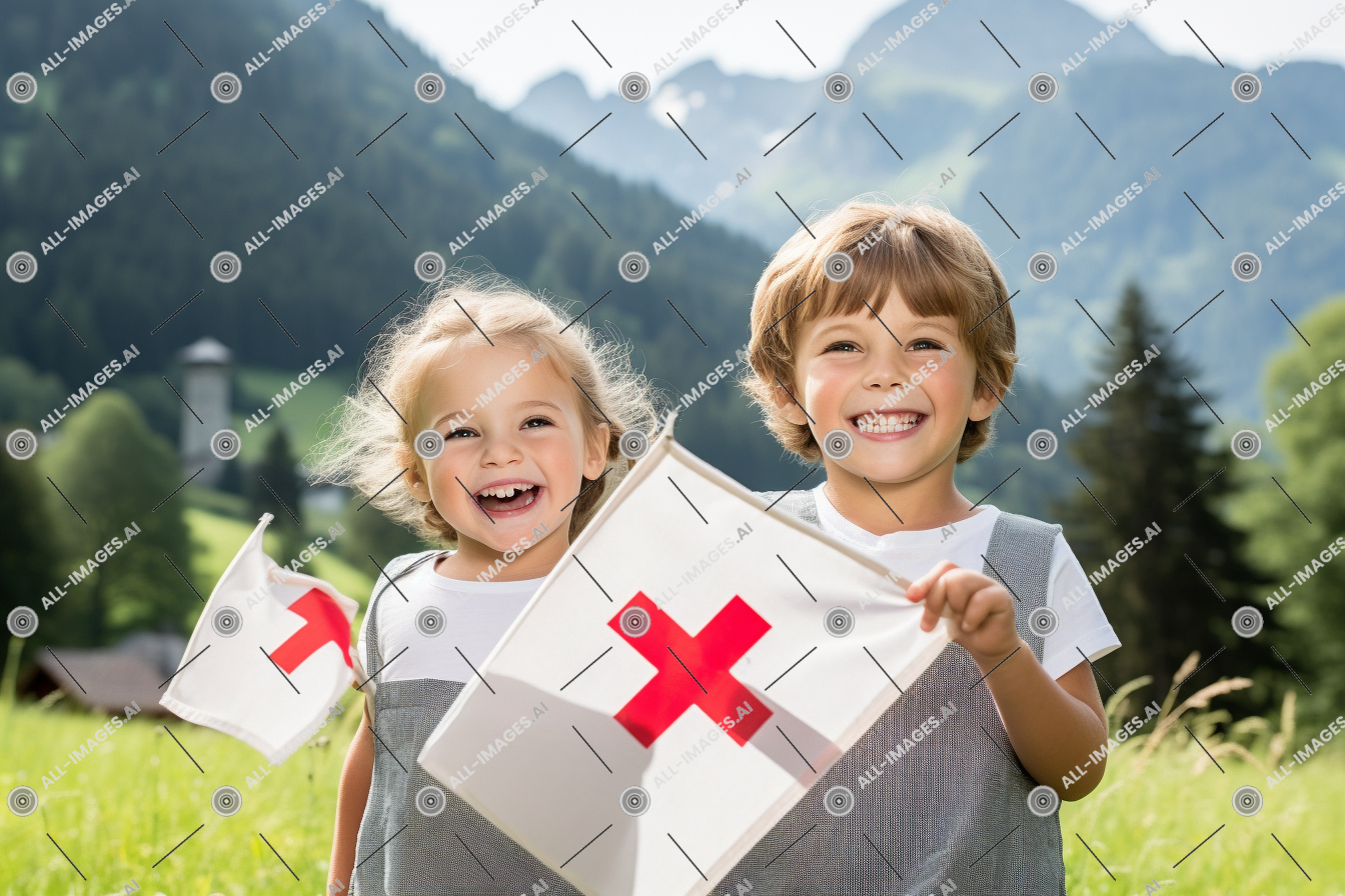 a couple of children holding flags in a field,person, human face, outdoor, clothing, smile, toddler, grass, tree, baby, mountain, child, boy, waving, flag, eyelevel, angle, children, smiling, swiss