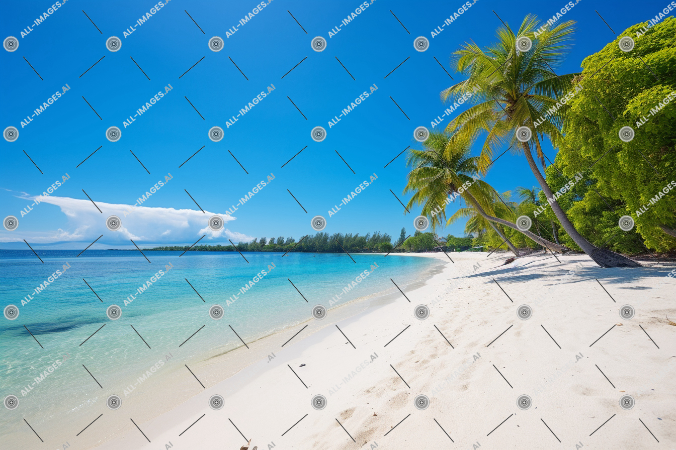 a beach with palm trees and blue water,outdoor, tropics, caribbean, nature, cloud, palm tree, tree, shore, coastal and oceanic landforms, coast, cay, azure, aqua, arecales, landscape, shoal, island, ground, ocean, bright, beach, sand, sky, sea, edge, view, white, towards, trees, land, turquoise, tropical, few, water, looking, blue, palm