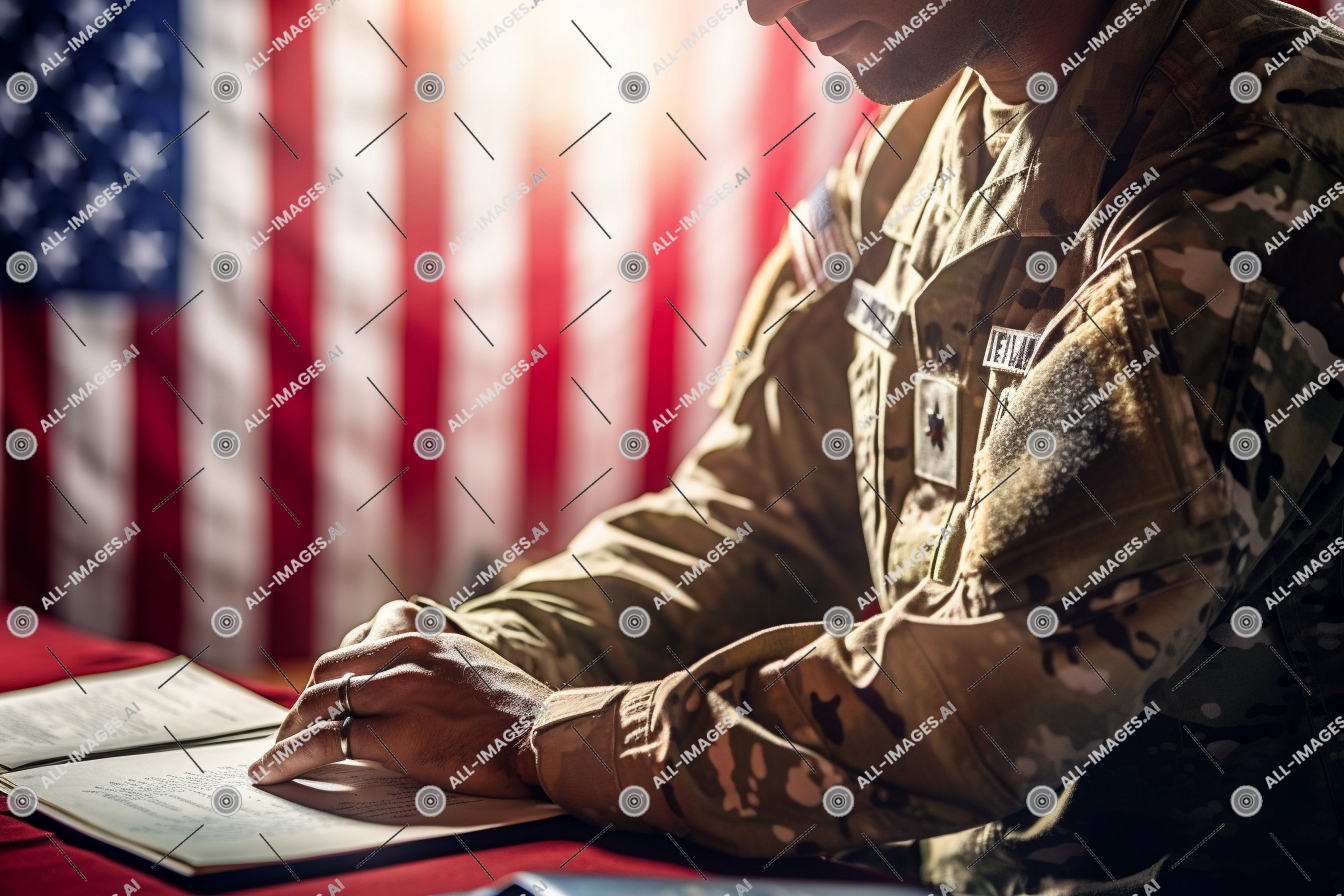 Un soldat écrit sur un morceau de papier,soldat, drapeau, personne, militaire, militaire, intérieur, organisme gouvernemental, engagement, cérémonie, armée, base, signature, uniforme militaire, uniforme, rang militaire, vêtements, officier non-assigné