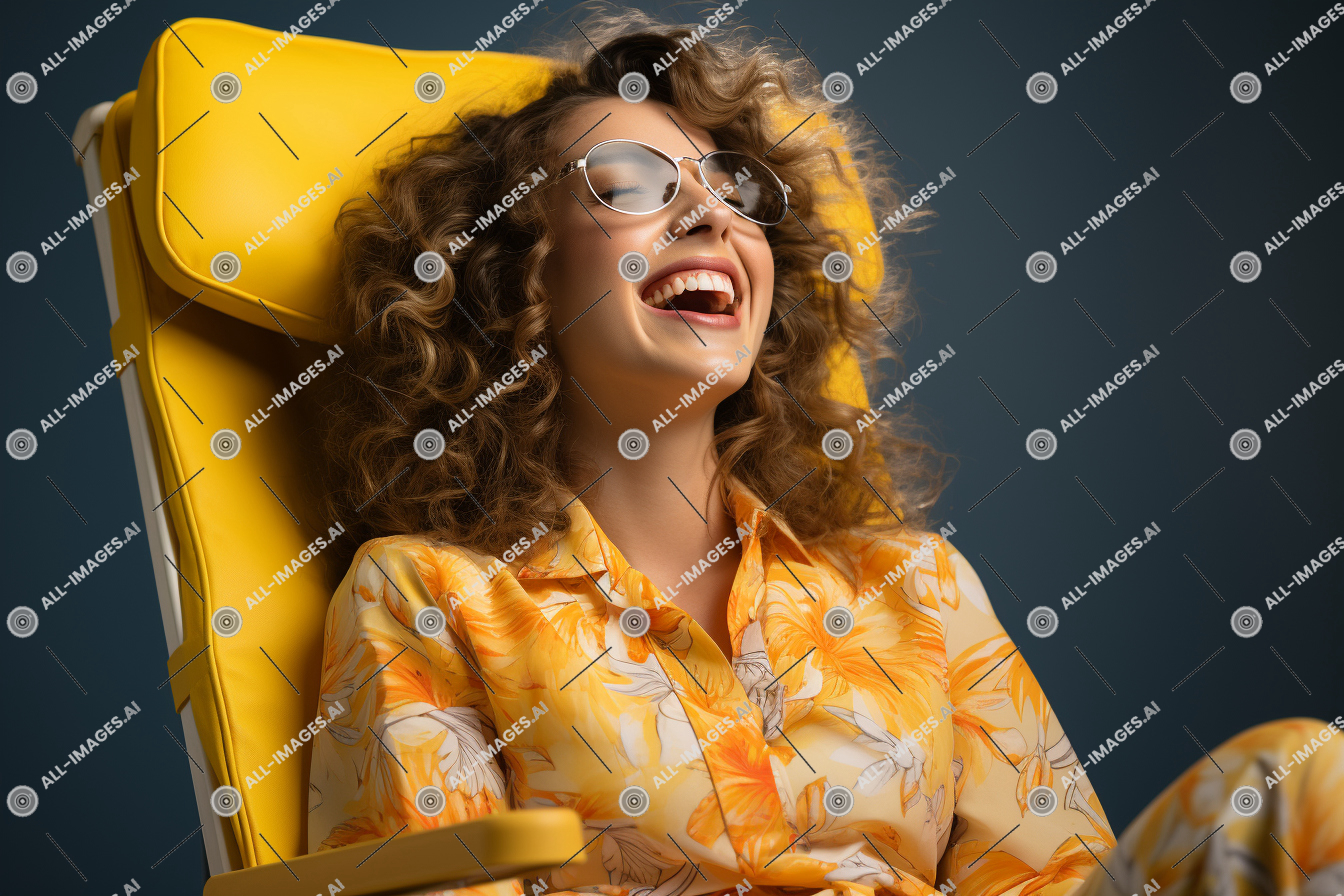Woman in Yellow Chair with Curly Hair,mobile, côté, personne, jeune, visage humain, tenue, intérieur, voir, résistant, angle, séance, chaise, lumière, arrière-plan, sourire, été, isolé, salon, femme, jaune, en utilisant, téléphone, vêtements
