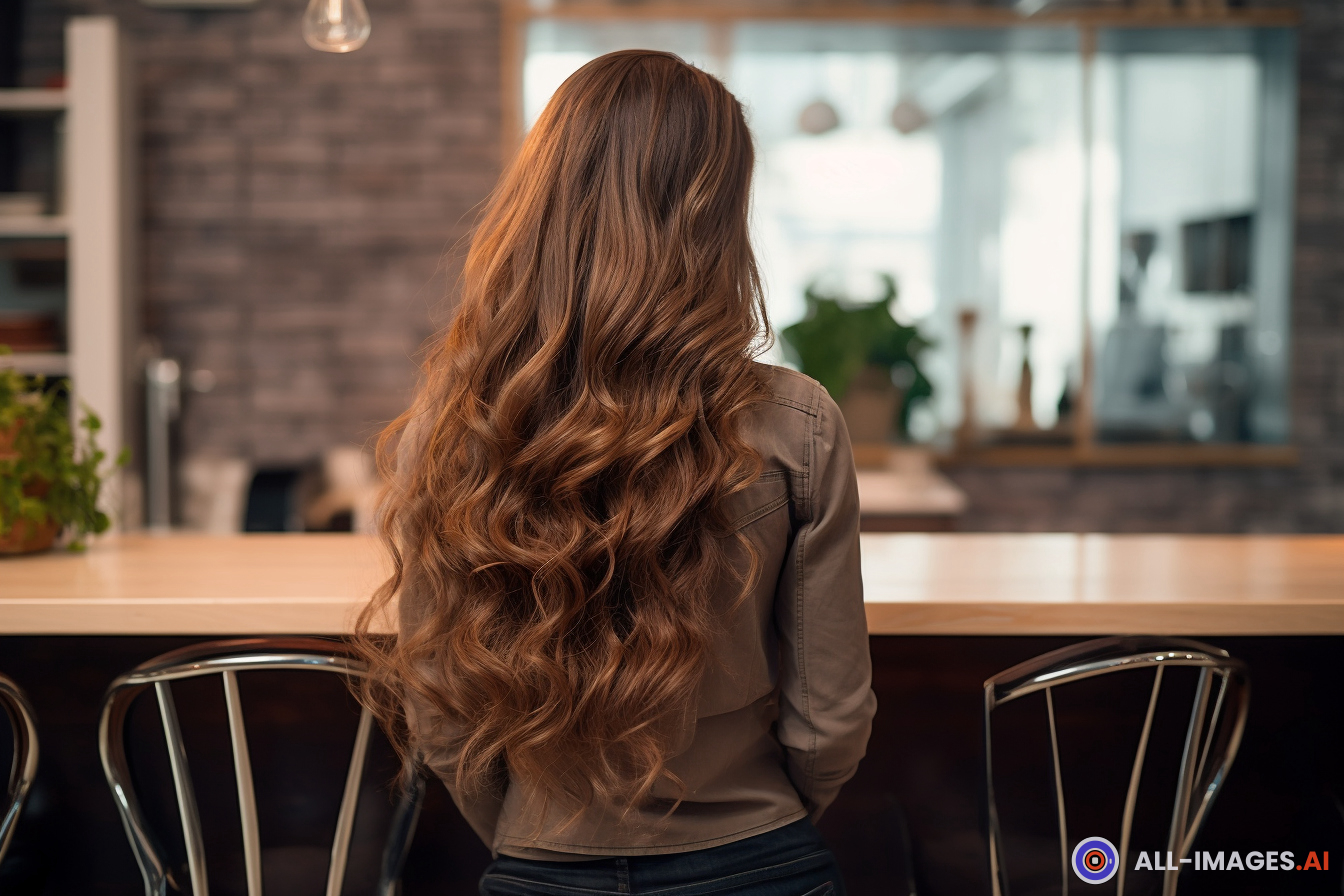 Woman with Wavy Hair Sitting at Bar,person, back, table, furniture, indoor, hair, view, houseplant, round, luxurious, window, chair, long hair, beautiful, woman, girl, portrait, flowerpot, building, vase, clothing